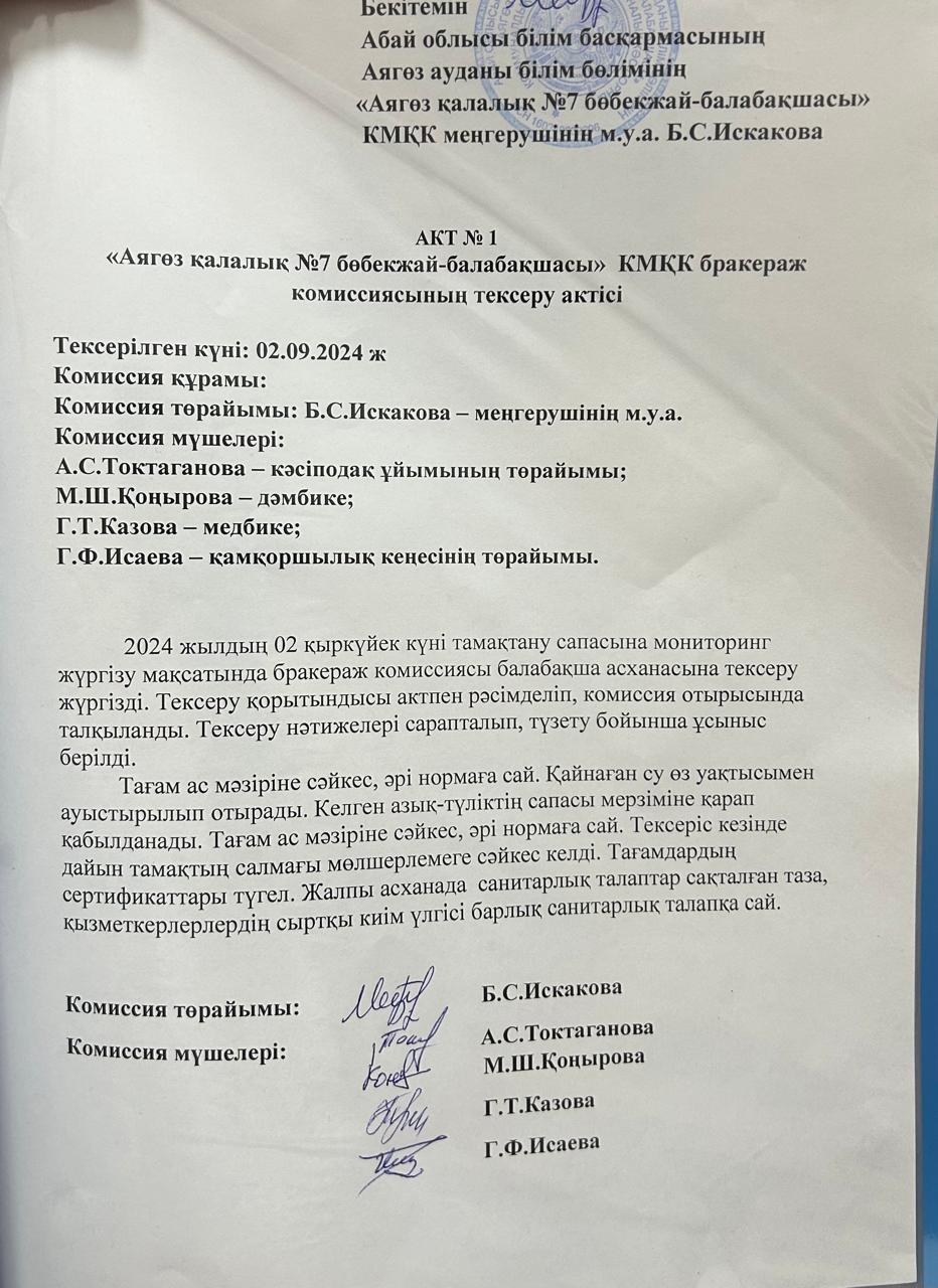 Бракераж комиссиясының тексеру актісі